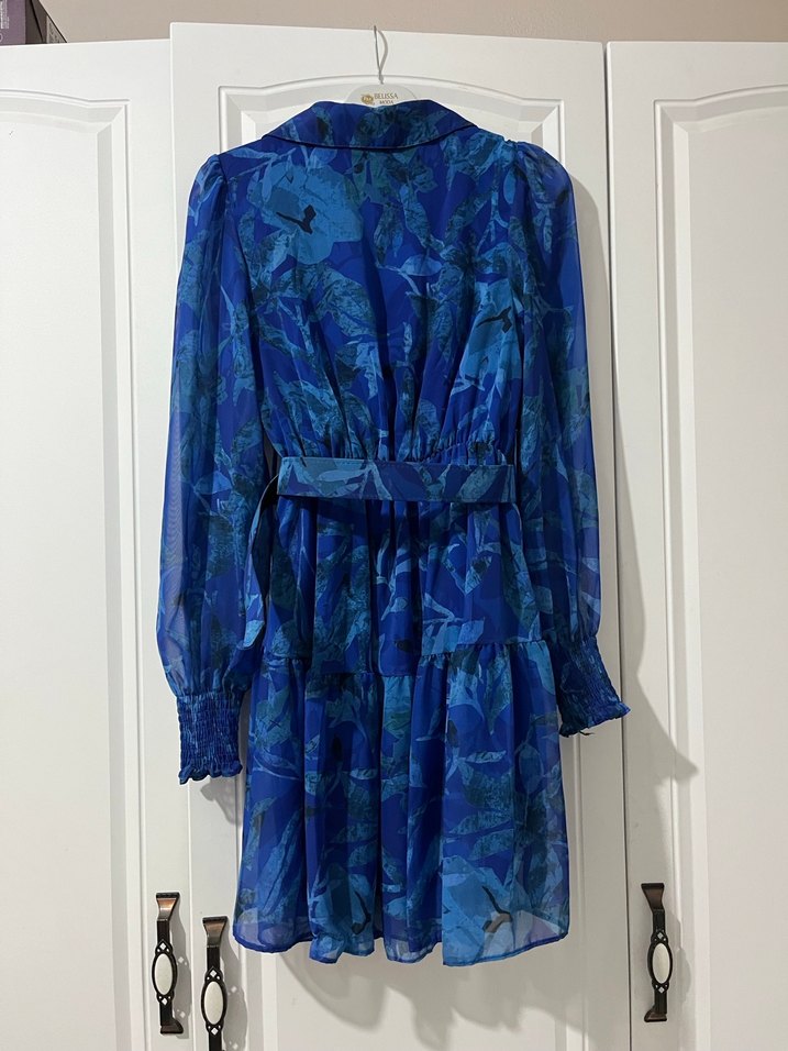 Mavi Kemerli Uzun Kollu Mini Elbise - Görsel 2