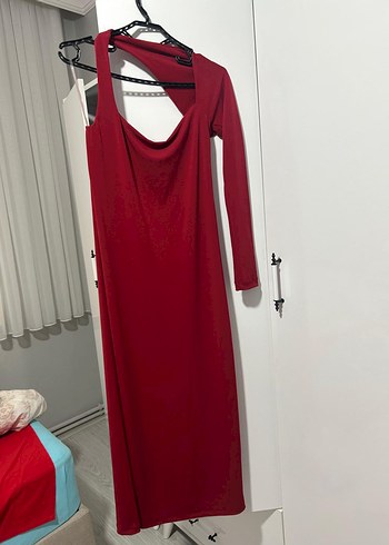 Kırmızı Straplez Uzun Drapeli Elbise - Görsel 2