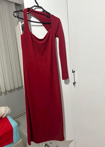 Kırmızı Straplez Uzun Drapeli Elbise - Görsel 3