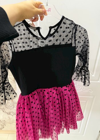 Uzun Kollu Puantiyeli Kız Elbise - Görsel 2