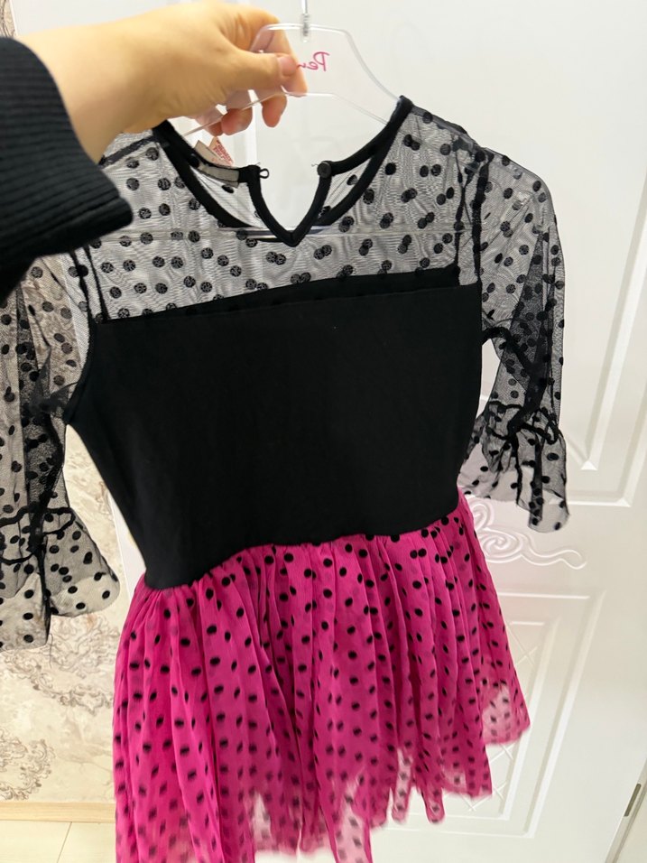 Uzun Kollu Puantiyeli Kız Elbise - Görsel 2