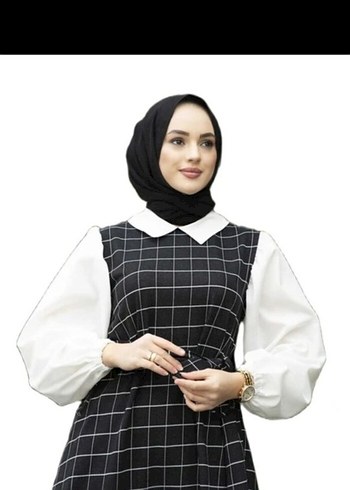 l Beden siyah Renk Uzun Kareli Siyah Kemerli Elbise