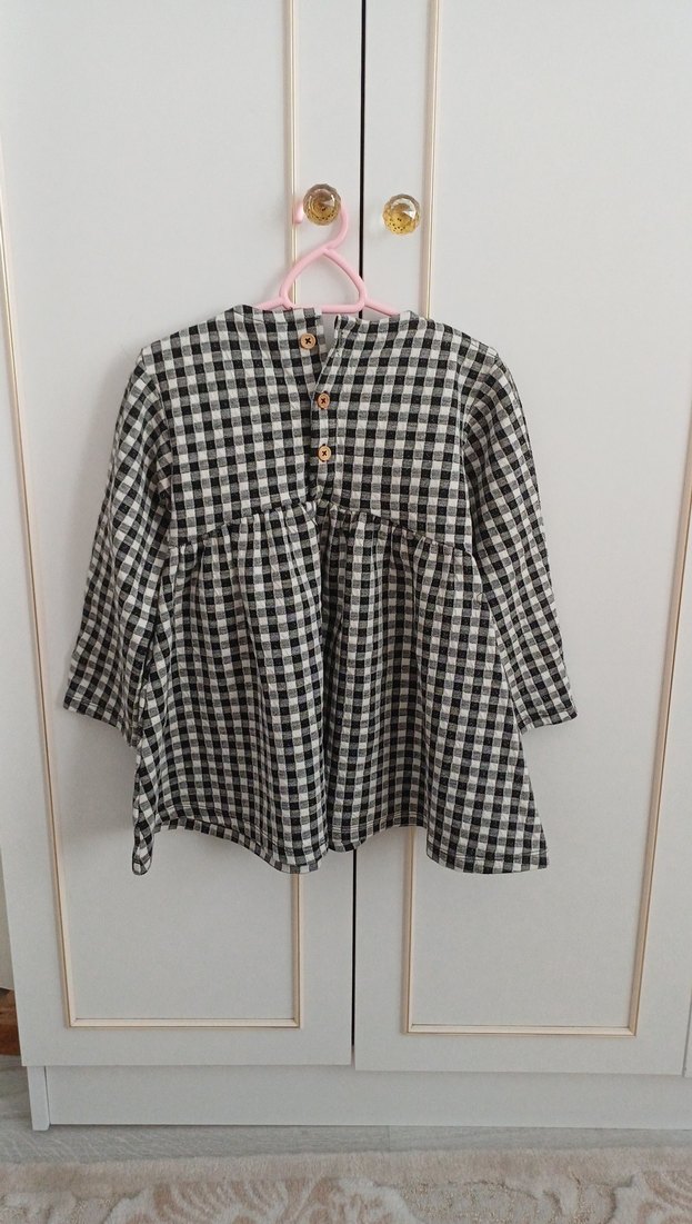 Kareli Gri Keten Kız Elbise zara - Görsel 2