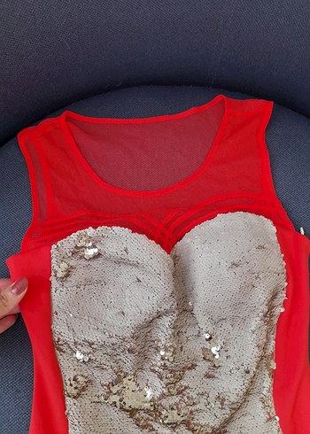 Diğer Pul Detaylı Kırmızı Mini Abiye Elbise