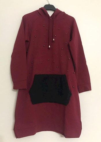 Bordo Kapüşonlu Uzun Kollu Nakışlı Tunik