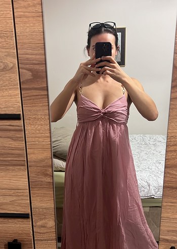 Zara Pembe Pliseli Uzun Askılı Elbise