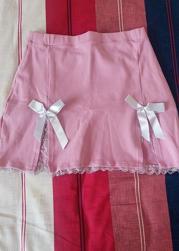 Pembe Dantel Detaylı Midi Mini Etek