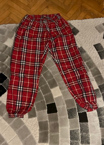 Kırmızı Ekose Kadın Rahat Kesim Pantolon - Görsel 2
