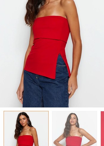 Kırmızı Straplez Denim Bluz