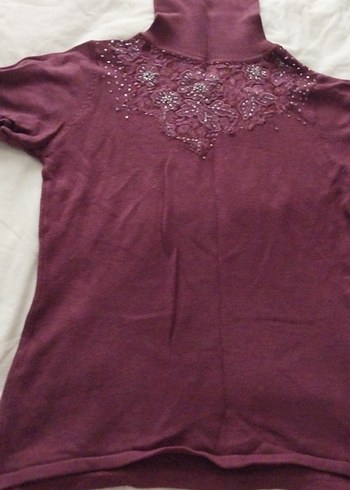 Bordo Kısa Kollu Triko Kazak - Görsel 2