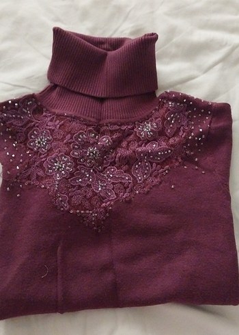 Bordo Kısa Kollu Triko Kazak - Görsel 7