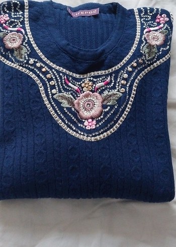 Mavi Örgü Bohem Kadın Kazak - Görsel 5