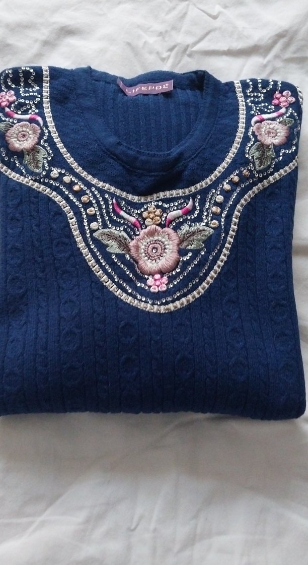 Mavi Örgü Bohem Kadın Kazak - Görsel 5