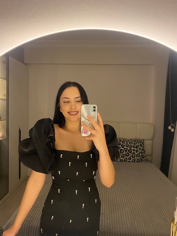 Parlak Siyah Mini Straplez Elbise - Görsel 3