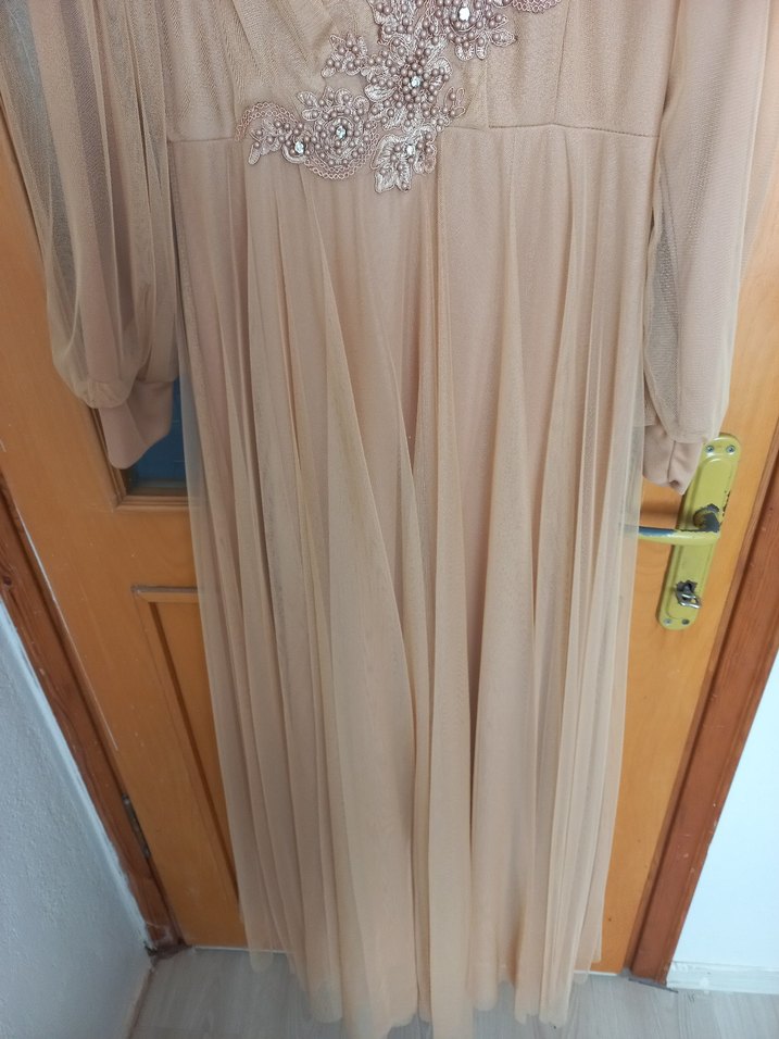 Sütlü Kahve Rengi Tül Tesettür Abiye - Görsel 3