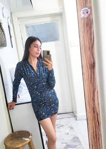 Mavi Batik Desenli V Yaka Elbise - Görsel 6