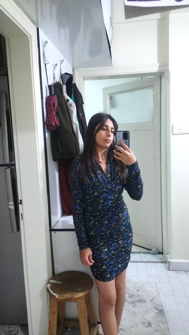 Mavi Batik Desenli V Yaka Elbise - Görsel 2