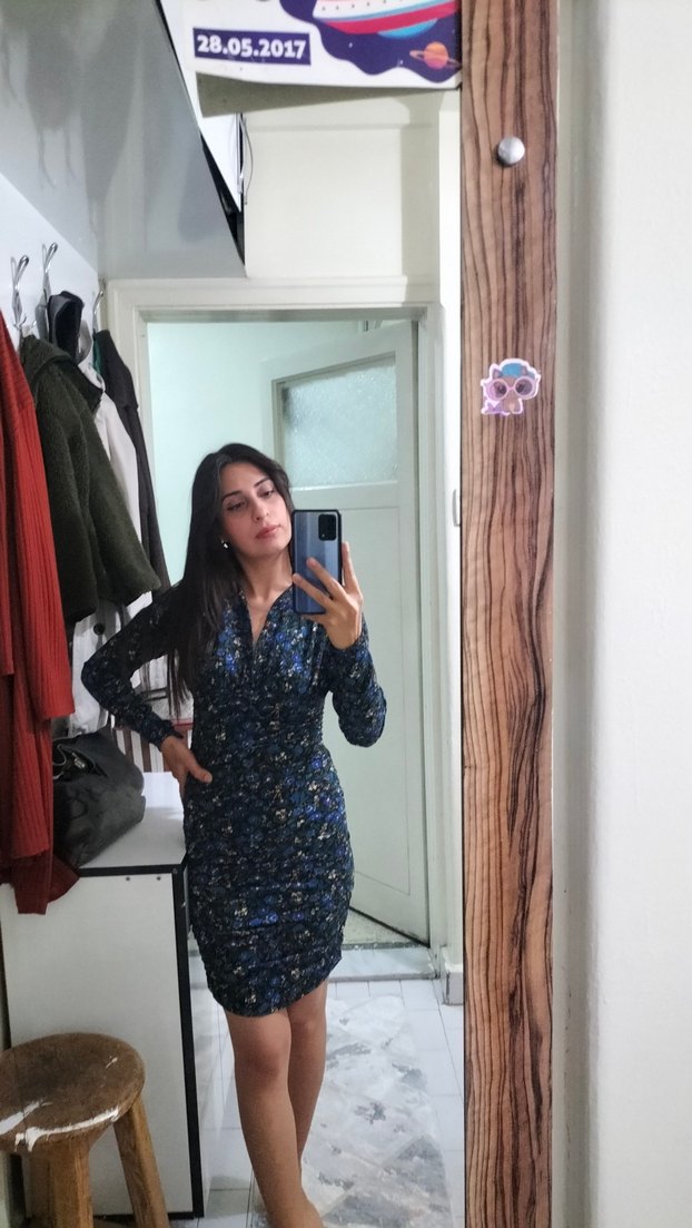 Mavi Batik Desenli V Yaka Elbise - Görsel 3