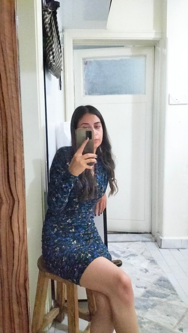 Mavi Batik Desenli V Yaka Elbise - Görsel 5