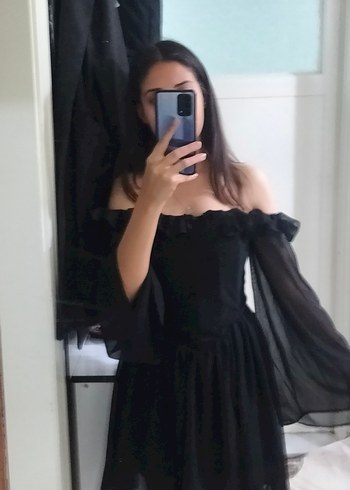 Şeffaf Uzun Kollu Siyah Mini kayık yaka Elbise - Görsel 3