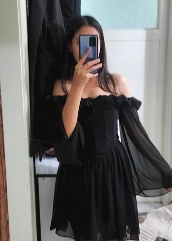 Şeffaf Uzun Kollu Siyah Mini kayık yaka Elbise - Görsel 2