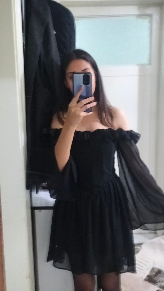 Şeffaf Uzun Kollu Siyah Mini kayık yaka Elbise - Görsel 3