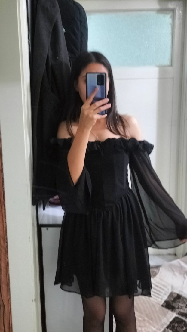 Şeffaf Uzun Kollu Siyah Mini kayık yaka Elbise - Görsel 2