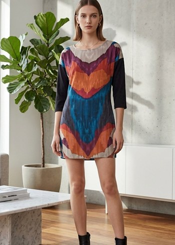 Batik Renkli Geometrik Desenli Rahat Elbise