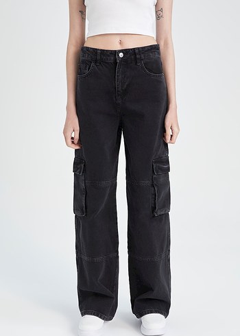 Defacto Rahat Ve Sik Siyah Kargo Denim Pantolon