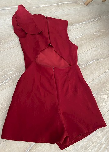 Bordo fırfır detay etek şort tulum - Görsel 2