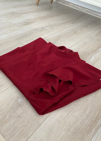 Bordo fırfır detay etek şort tulum - Görsel 6