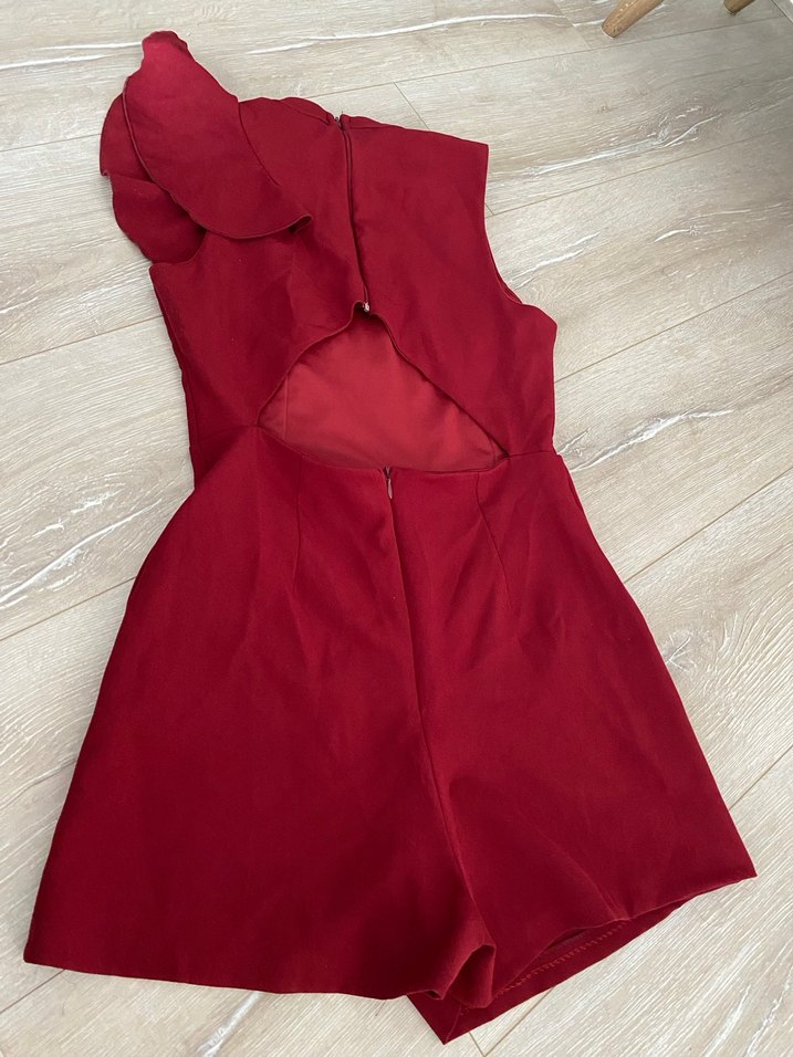 Bordo fırfır detay etek şort tulum - Görsel 2