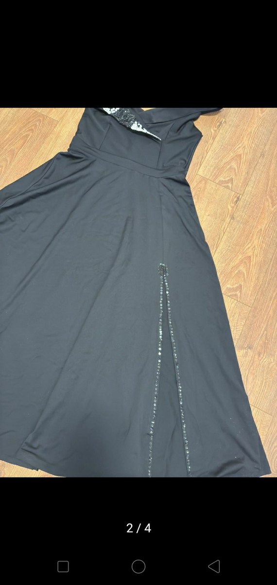 Nakışlı V Yakalı Uzun Siyah Kadın Elbise - Görsel 2