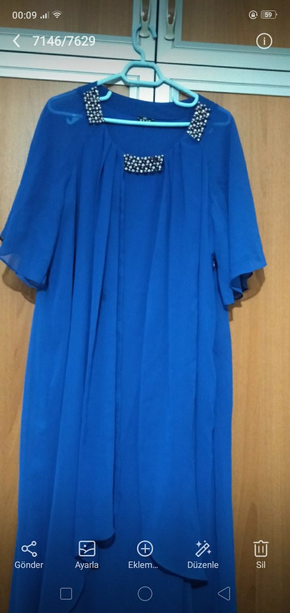Mavi Uzun Drapeli Kadın Elbise - Görsel 2