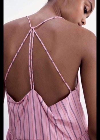 Zara Pembe Çizgili Uzun Pilili Kadın Elbise - Görsel 3