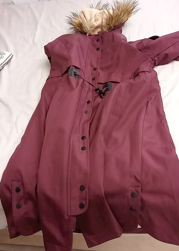 Bordo Düğmeli Midi Kadın Mont - Görsel 3