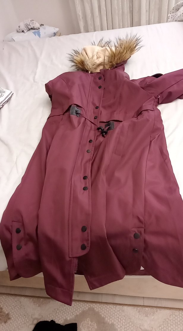 Bordo Düğmeli Midi Kadın Mont - Görsel 3