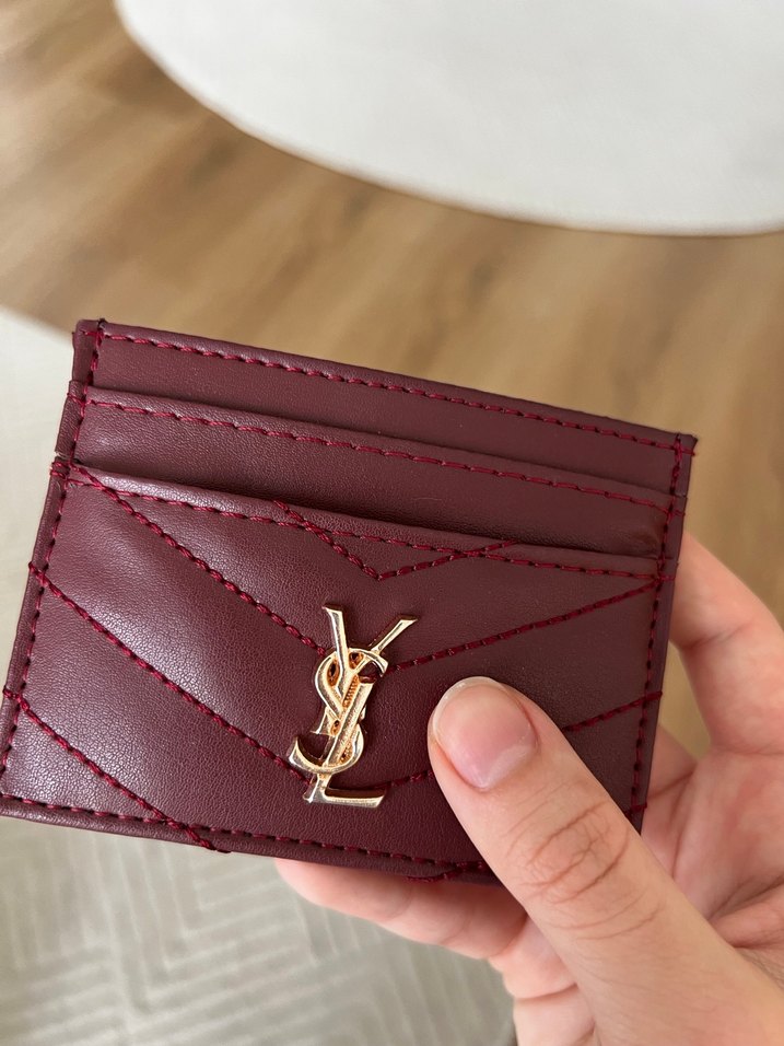 YSL Marka Bordo Deri Kadın Cüzdan Kartlık - Görsel 2