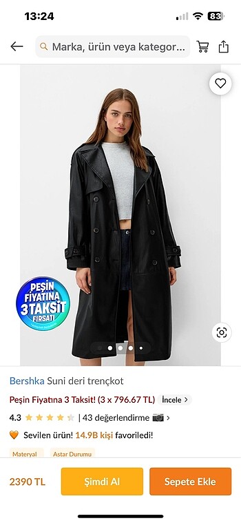 Bershka Suni Deri Trençkot