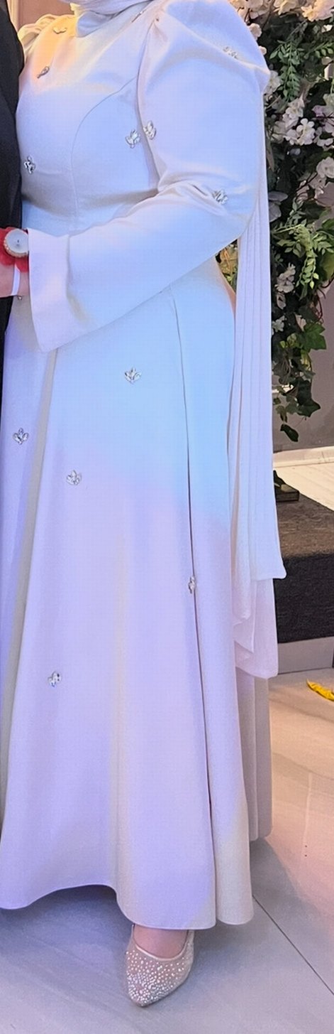 Tesettür nikah elbisesi ipek saten  inci beyazı - Görsel 3