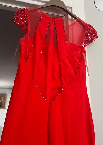 Drapeli Kırmızı Uzun Abiye Elbise nar çiçeği - Görsel 3