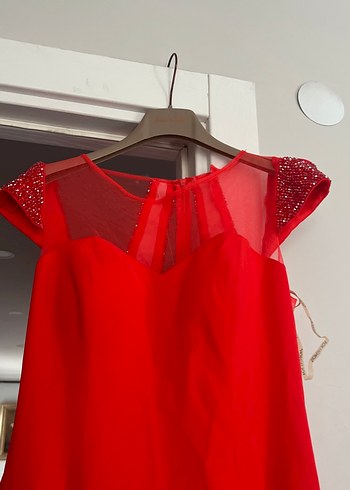 Drapeli Kırmızı Uzun Abiye Elbise nar çiçeği - Görsel 2