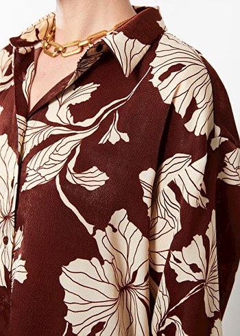 Kahverengi Batik Desenli Uzun Kollu Ofis Gömleği - Görsel 2
