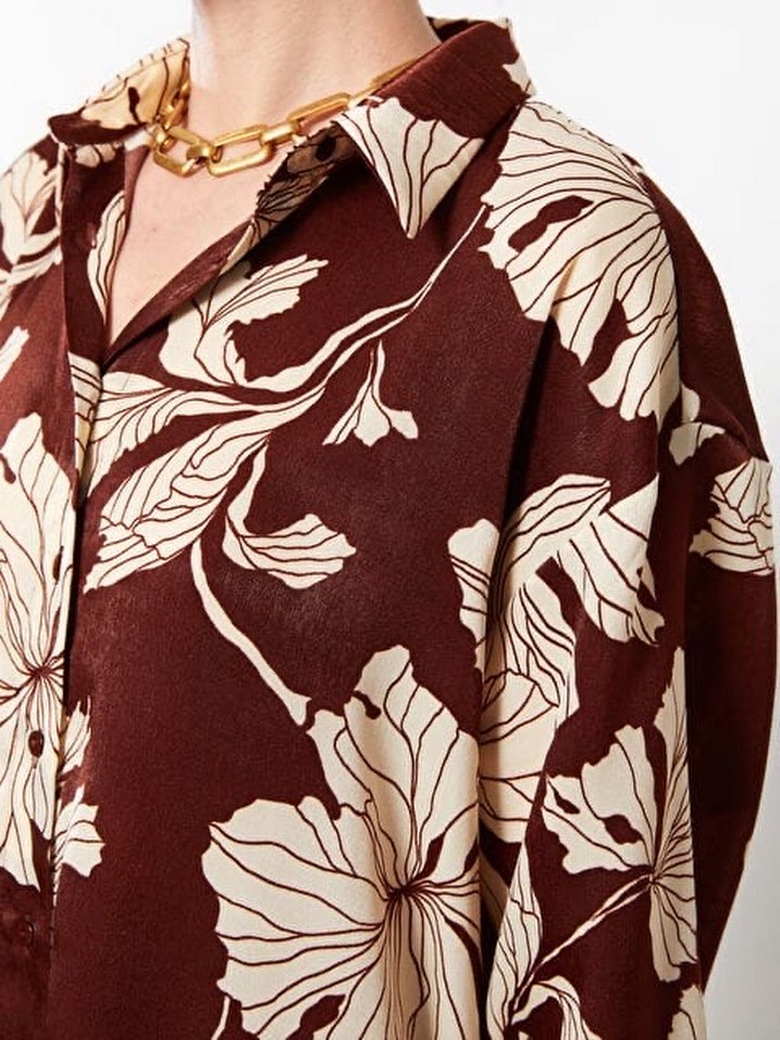 Kahverengi Batik Desenli Uzun Kollu Ofis Gömleği - Görsel 2