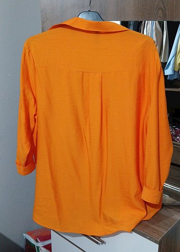 Turuncu Düğmeli Keten Salaş Gömlek - Görsel 4