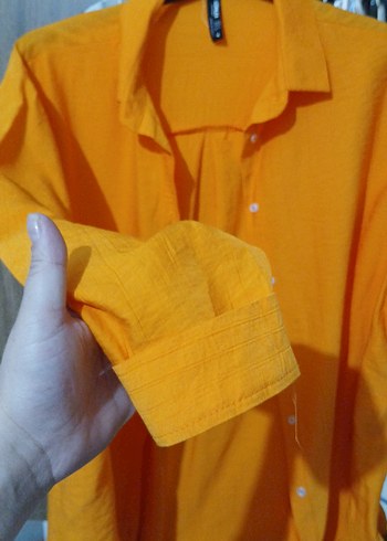 Turuncu Düğmeli Keten Salaş Gömlek - Görsel 3