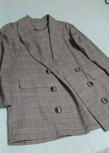 Kadın Gri Çizgili Düğmeli Blazer Ceket - Görsel 3