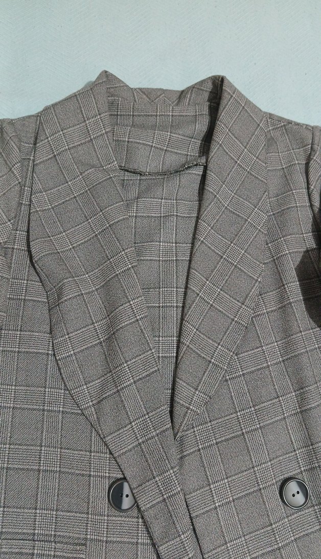 Kadın Gri Çizgili Düğmeli Blazer Ceket - Görsel 4