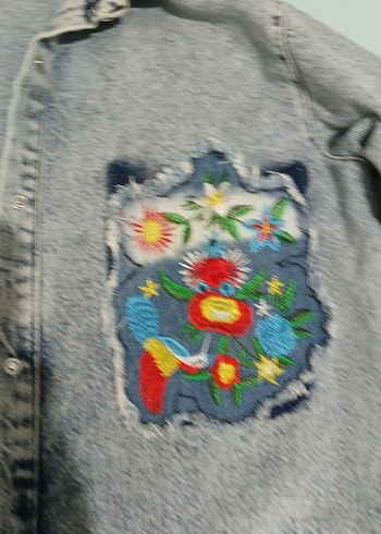 Nakış Detaylı Gri Kadın Denim Ceket - Görsel 2