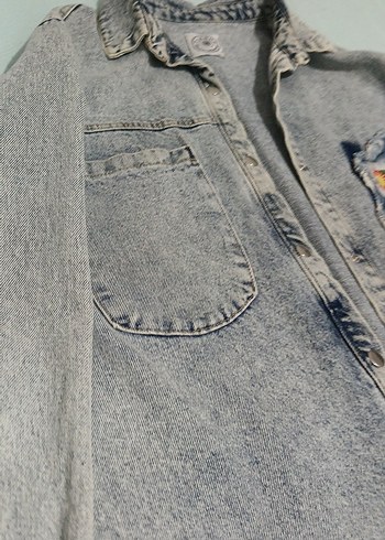 Nakış Detaylı Gri Kadın Denim Ceket - Görsel 5